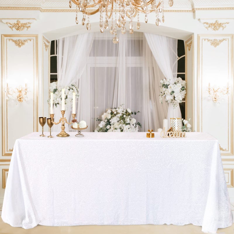 B.Cool B-COOL White Sequin Tablecloth Overlay 90x132 inch Sequined Tablecloths Shiny Tablecloth for Birthday Bridal Shower Christmas Outdoor Decoration - Image 1